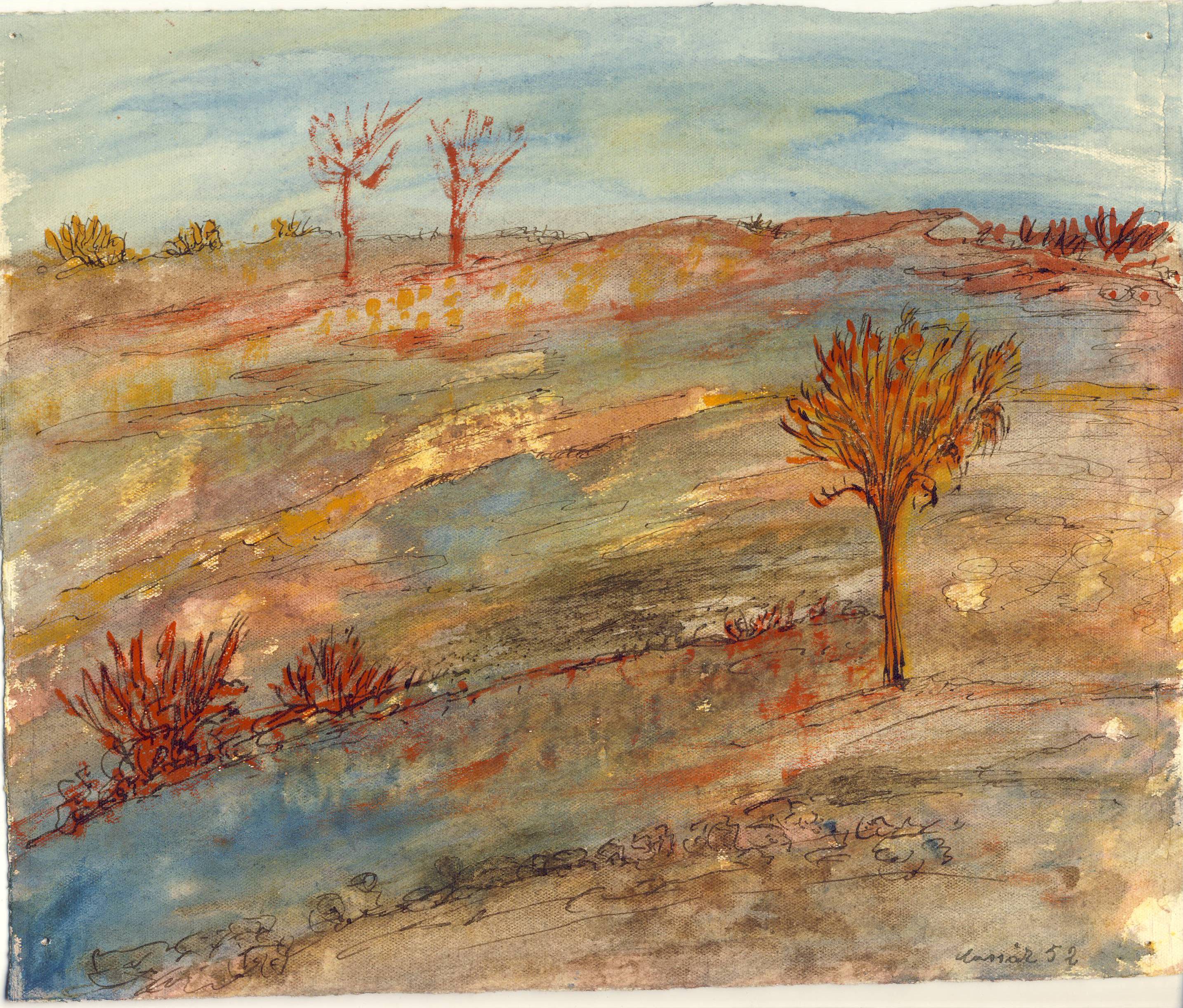 Tájkép, 1952, papír, akvarell, toll, KM-M-86.433.1